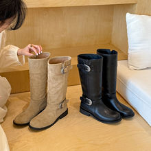 韩女战靴圆头低粗跟马丁靴女2025秋季新款小个子显瘦骑士高筒靴子
