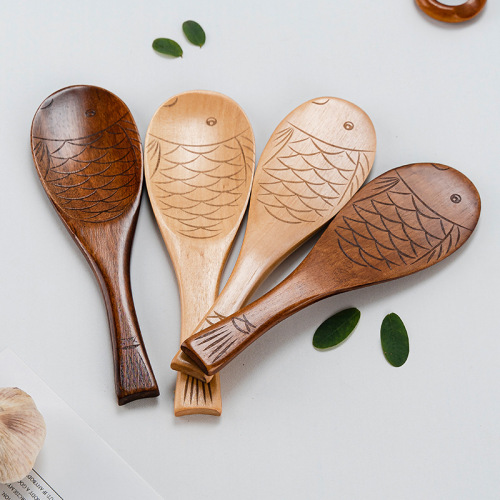 Internet celebrity creative hand-carved spoon dry rice tableware Japanese-style rice shovel lotus wood fish-shaped rice spoon tail with lanyard hole