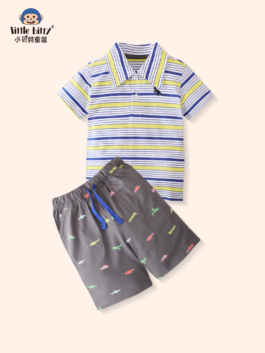 2025 verano nuevos pantalones cortos de manga corta de moda casual para niños traje camisa POLO a rayas traje de dos piezas