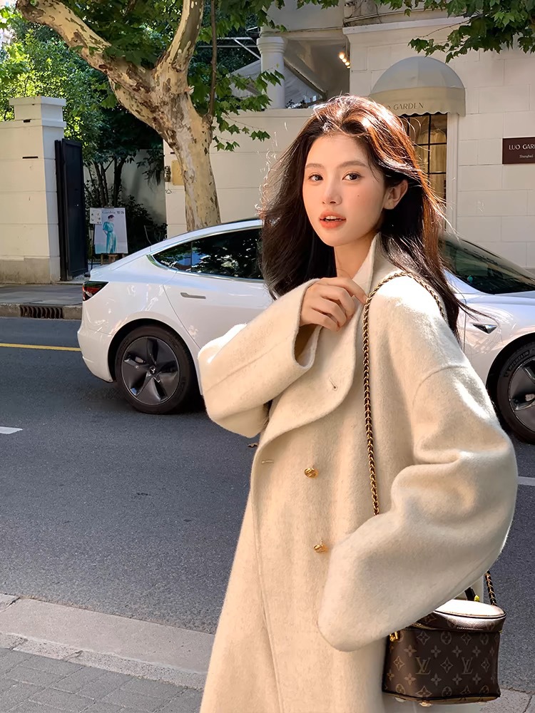 高級ゴールドバックル両面カシミヤコート女性のための 2025 秋と冬の新しいスタンドカラーエクストラロング韓国スタイルウールコート
