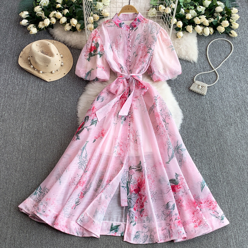 European and American Palace Style Retro Printed Stand-Up Collar Puff Sleeve Dress for Women Summer Strappy Waist Slimming Long Skirt