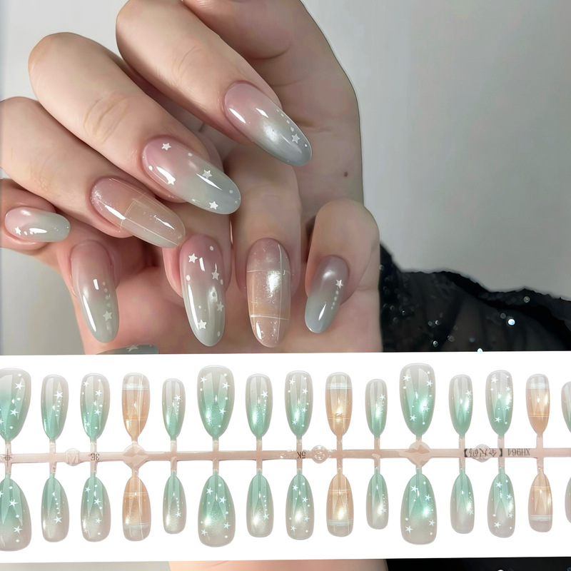 Summer Hot-Selling Mint Green High-End Gradient Wearable Nails Almond-Shaped Star Glass Beads Cat Eye Nail Stickers Summer Hot-Selling Mint Green High-End Gradient Wearable Nails Almond-Shaped Star Glass Beads Cat Eye Nail Stickers