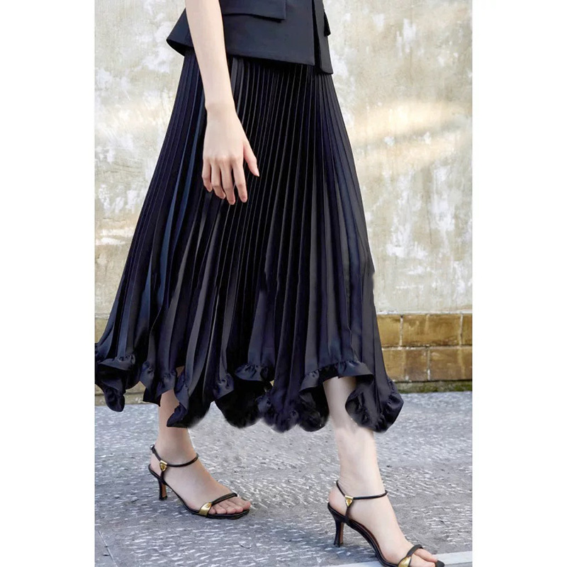Women's Clothing ​Layered Petal Hem Pleated Midi Skirt – Elegant Office-to-Evening A-Line Skirt (Black)​_ecoleips.com