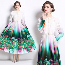 原创2024高端钉珠定位印花压褶珍珠扣百褶长裙