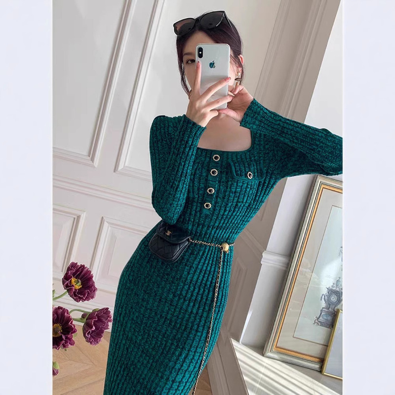 French Style Long Skirt with Powerful Aura, Accessible Luxury and High-End Sense, Small Fragrant Blue Knitted Sweater Dress for Women in Winter