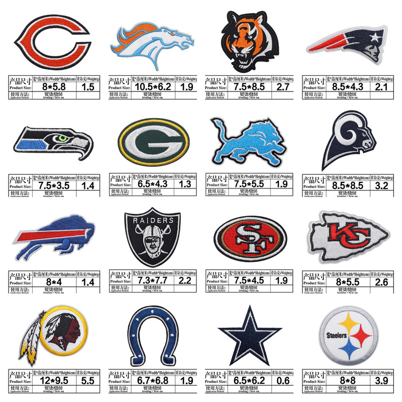 NFL アメリカンリーグとナショナルリーグの 32 チームのロゴ、チームエンブレム、コンピュータ刺繍ラベル、刺繍布パッチ、粘着アイロン接着剤|undefined