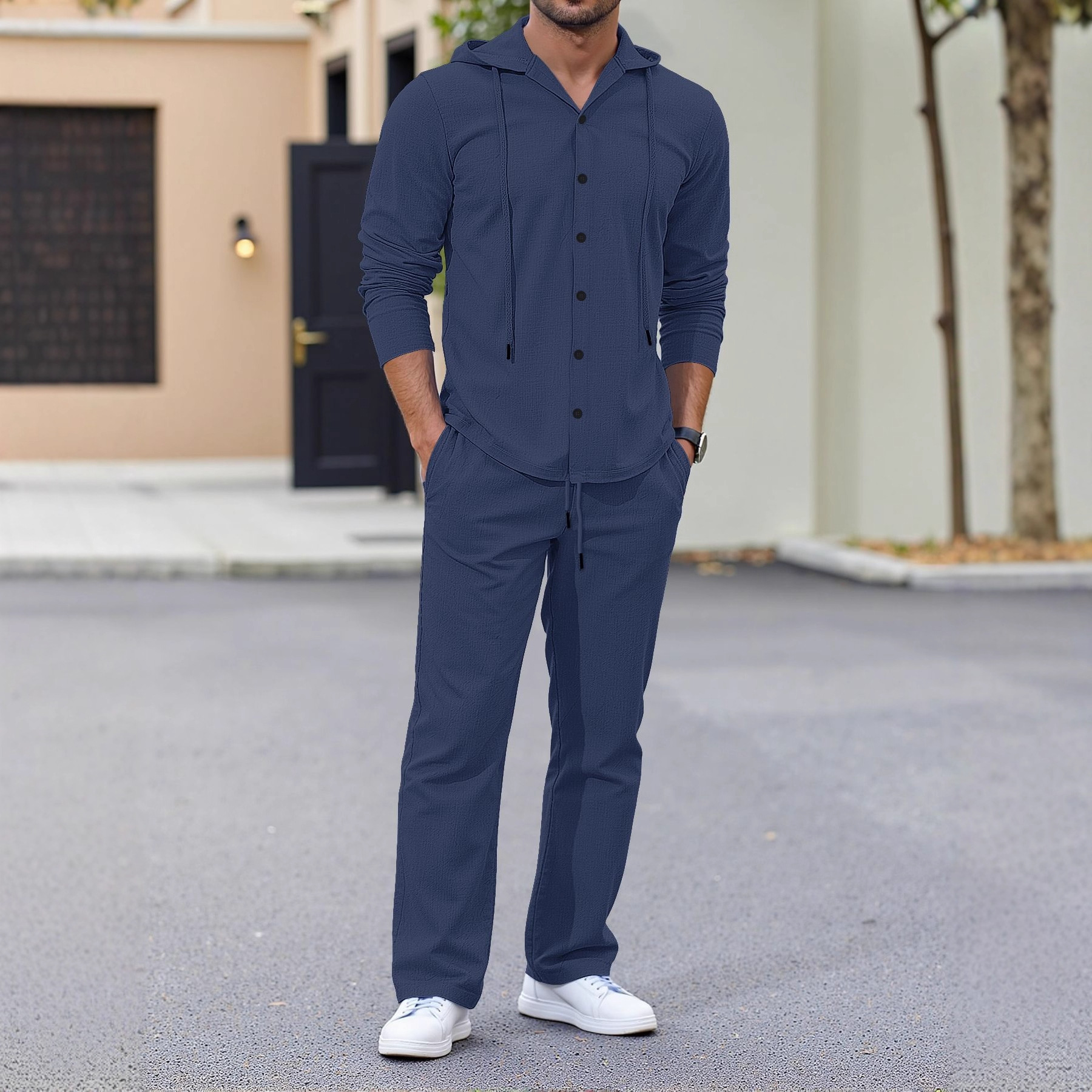 Men's Linen Hooded Shirt & Pants Set - Relaxed Fit Casual Outfit For Spring & Autumn (Beige/Gray, S-XXL) | Breathable Natural Fiber Lounge Wear_voghion.com