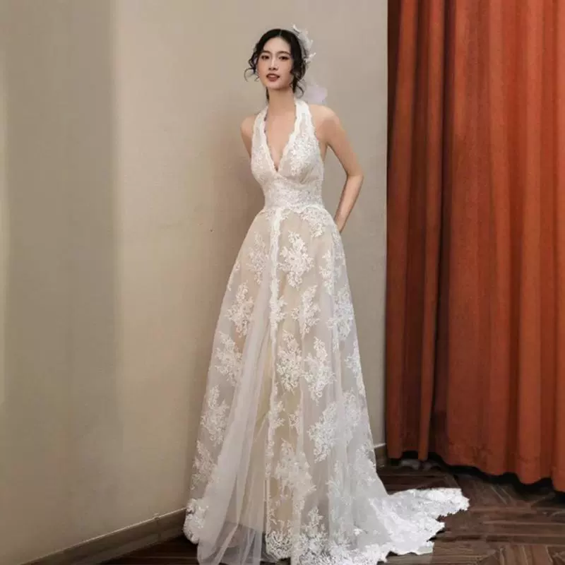 新娘婚礼晨袍晚宴生日聚会森系超仙韩式蕾丝轻婚纱高级感挂脖礼服