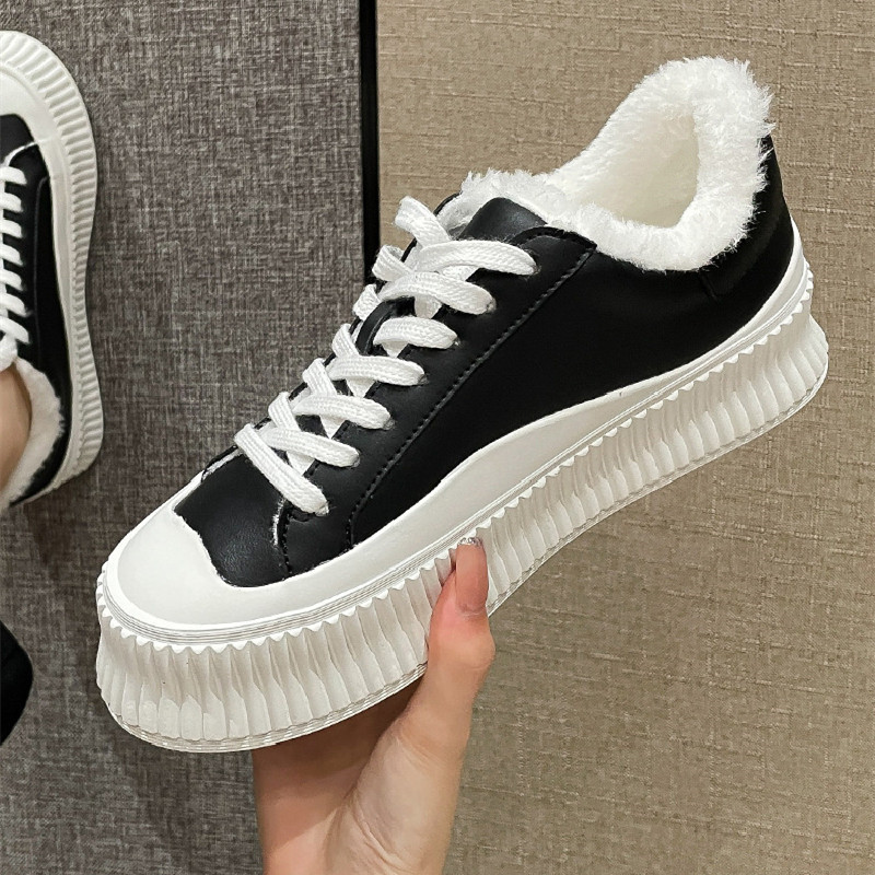 小香风饼干鞋加绒松糕毛毛鞋圆头厚底软皮鞋2022年新款加绒小白鞋|ru