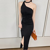 PS43245# 黑色斜肩气质修身显瘦连衣裙设计感ins时尚中裙夏季新款 服装批发女装直播货源