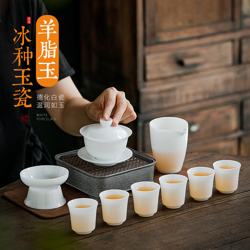 Bingzheng jade porcelain, Yangzhi jade Chinese white Dehua ceramic covered teacup, household office Gongfu tea set wholesale