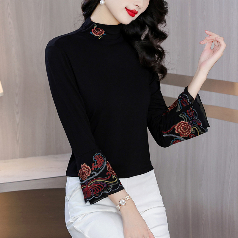 Quality Guaranteed, Middle-Aged Women's Ethnic Style Autumn and Winter Retro Chinese Style Splicing Lace Bottoming T-Shirt Versatile Shirt