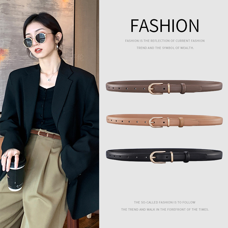 Cross-Border Women's Belt with Alloy Pin Buckle, Two-Layer Cowhide Leather Belt, Versatile, High-End, Simple Style, Suitable for Suits and Jeans