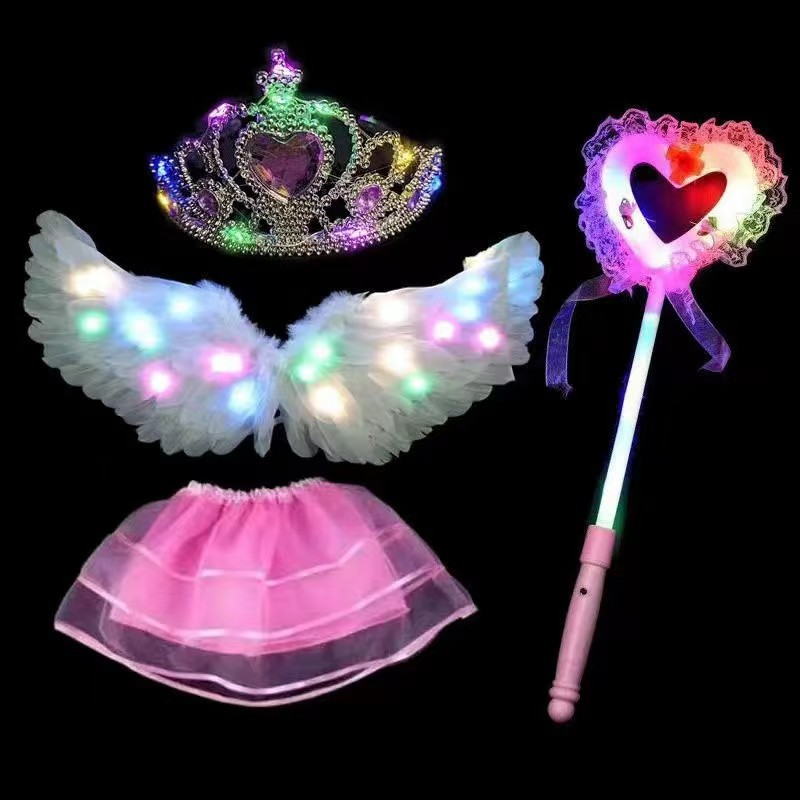 Alas de plumas luminosas blancas + falda de luz + Corona de luz + palo de encaje
