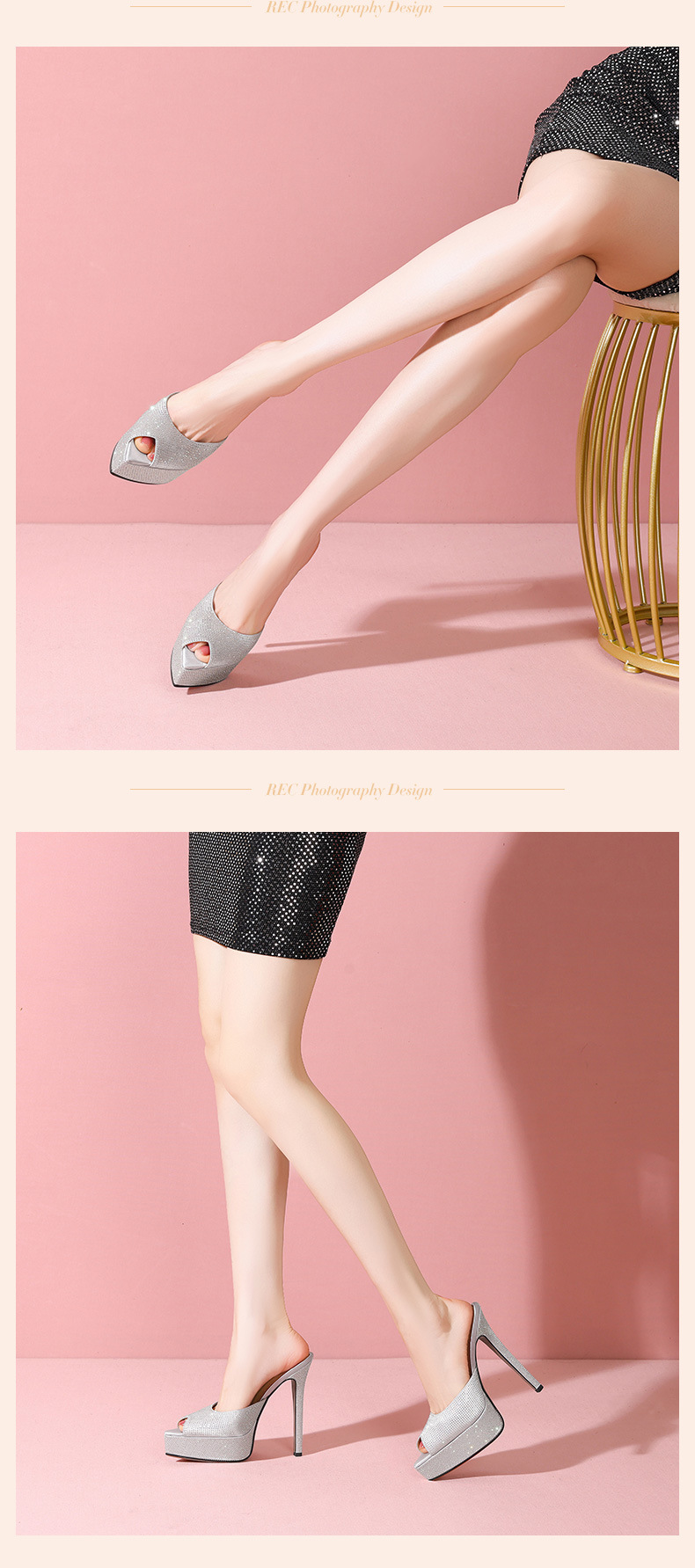 Sandal cao gót nữ hở mũi đính đá lấp lánh gót 12 cm đế platform — Bạc 12cm chi tiết 7