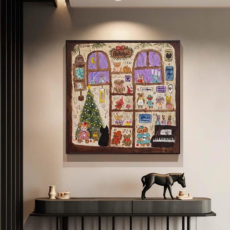 Dopamine Style Doll Shop Healing Decorative Painting Bedroom Niche Cute Cat Cartoon Living Room Dining Room Hanging Painting