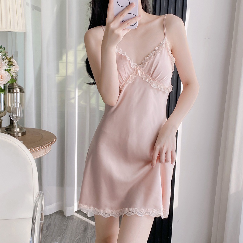 睡衣女春秋款薄款冰丝吊带睡袍套装夏天性感蕾丝v领家居服带胸垫