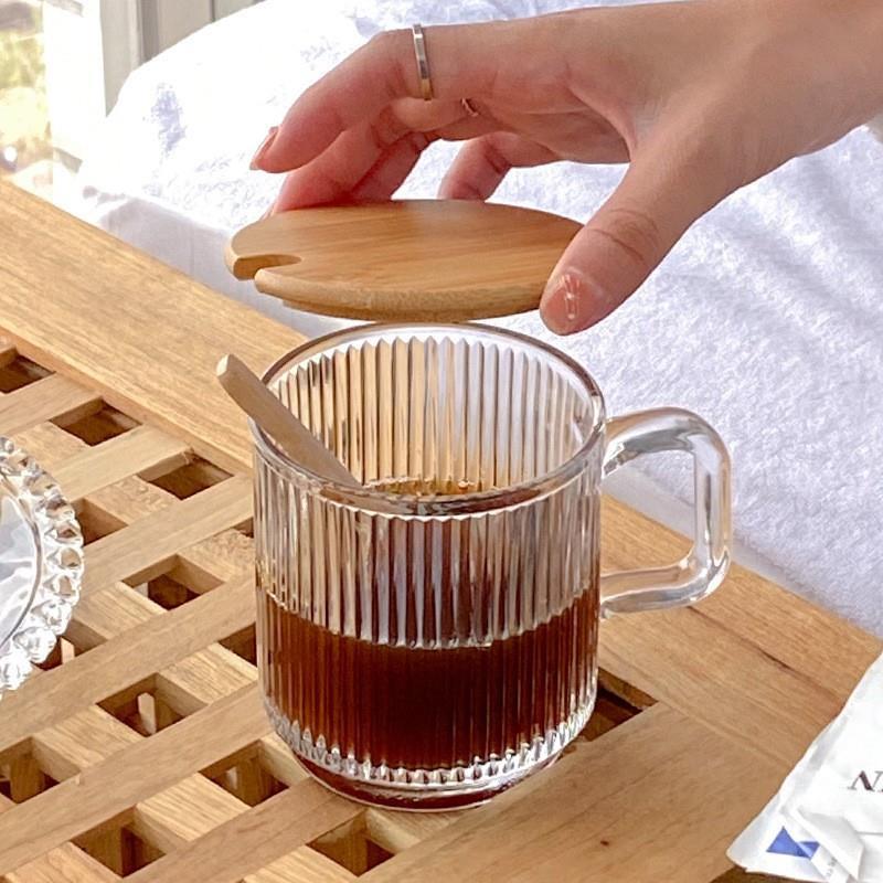 日式玻璃杯网红杯带盖子勺水杯ins高颜值家用牛奶咖啡杯子高颜值