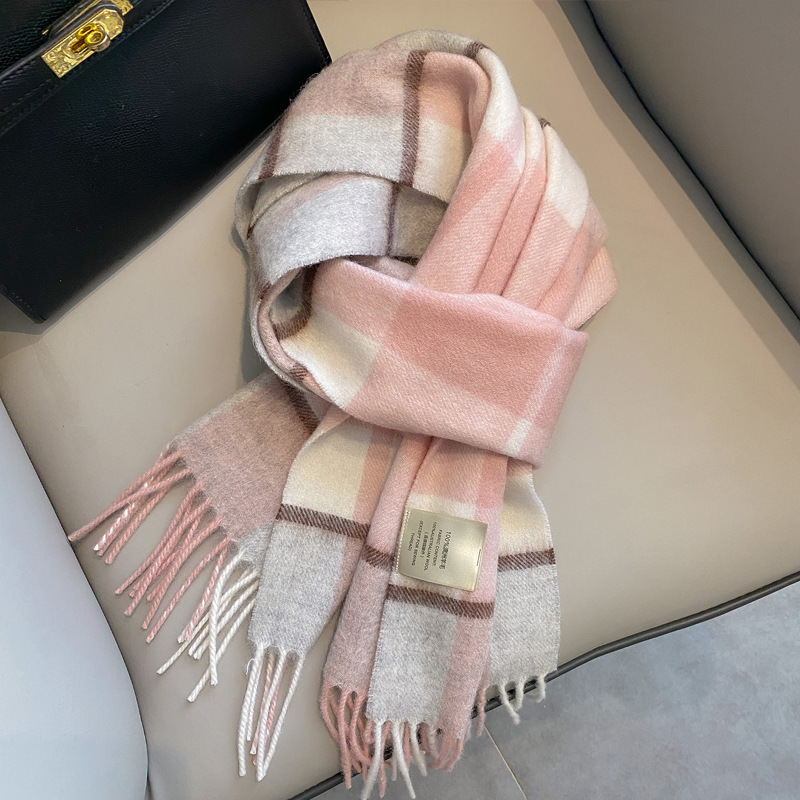 2025 New Wool Warm Scarf Women's Autumn and Winter Color Block Plaid Scarf Long Tassel Scarf Light Luxury High-End
