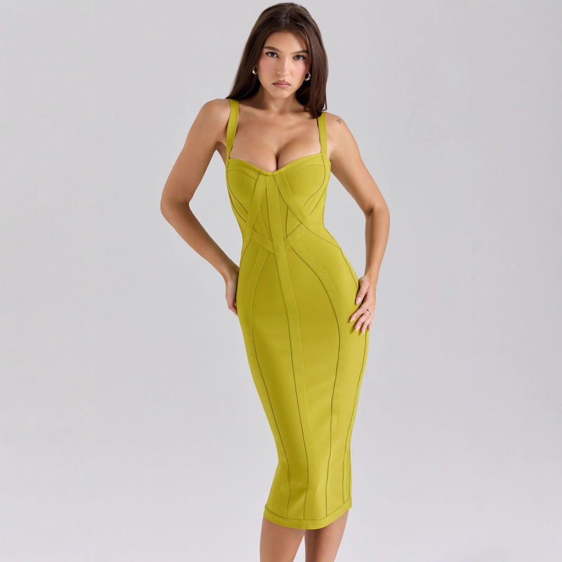 Spicy Girl Low-Cut Sexy Spaghetti Strap Grass Green Bandage Dress Long Elegant Waist-Cinching Bodycon Party Dress Women's Clothing