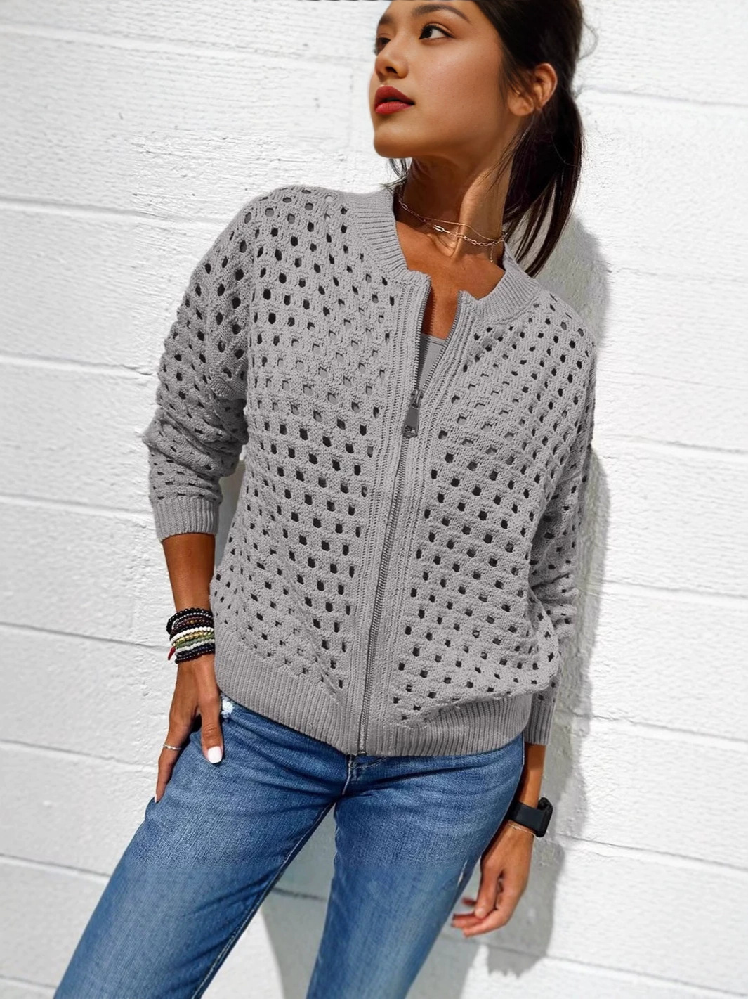 2026 nueva estación independiente de Amazon Europa y Estados Unidos ropa de mujer casual jersey hueco chaqueta con cremallera de punto chaqueta de mujer