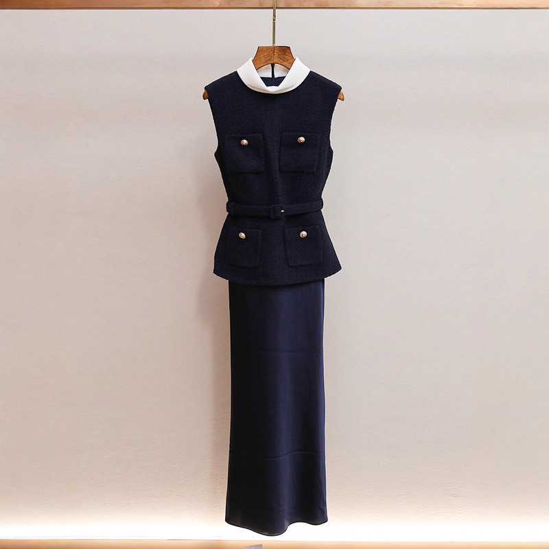 Sp's New Autum Style High-End Ladylike Style Waist Vest Fake Two-Piece Satin Long Sleeveless Dress for Women