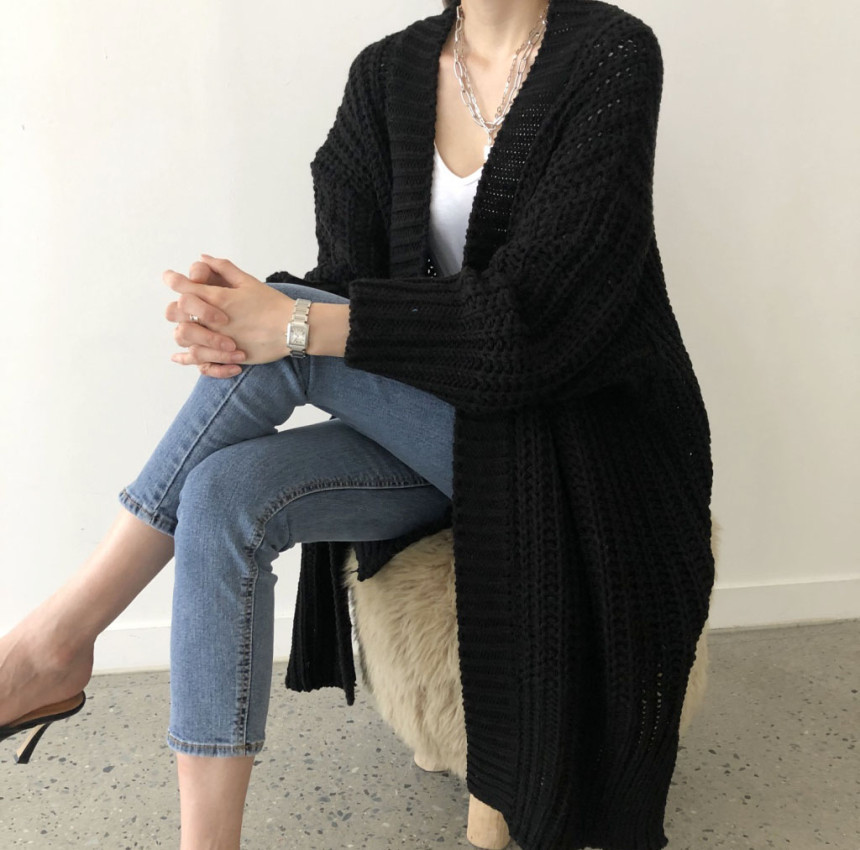 Long Top Length Women's Casual Streetwear Solid Color Placket Cardigan Sweater