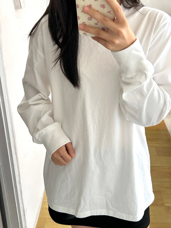 棉圆领长袖T恤女秋冬白色叠穿上衣纯色基础款宽松内搭打底衫|undefined