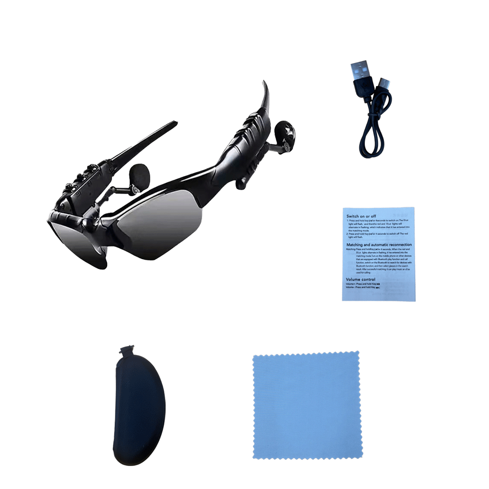 Montura negra, lentes negras (incluye funda de cuero, paño para gafas, manual, cordón).