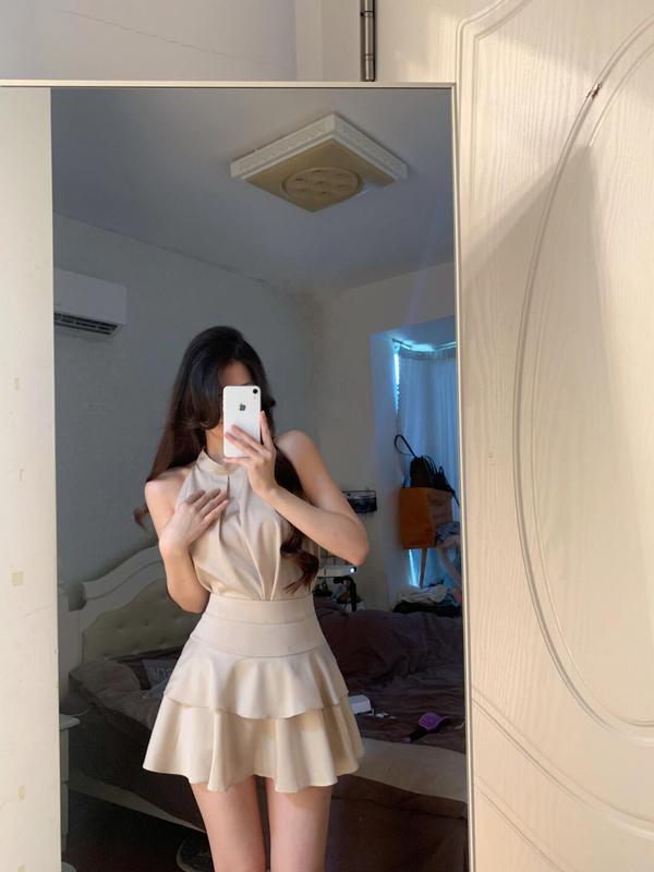 茶系穿搭一整套夏季小个子纯欲缎面无袖上衣蓬蓬半身裙两件套装女|undefined