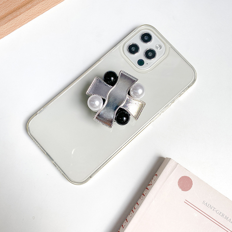 Bolsa de aire para teléfono móvil de metal con parche posterior de perla estilo Instagram, elástica y estable, hebilla de anillo de dedo portátil_voghion.com