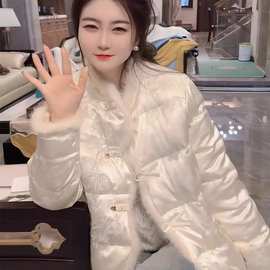 新中式国风重工刺绣拼水貂毛包边羽绒服女冬新款高级感白鸭绒外套
