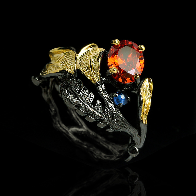Exquisite Black Gold Jewelry Black Feather Ring Inlaid with Red Zircon Jewelry Black Gold Jewelry Party Jewelry