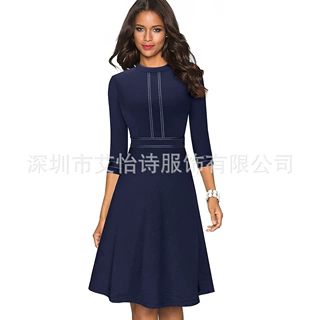 亚马逊2025跨境欧美女士精品气质通勤拼接中腰纯色拉链舒适连衣裙