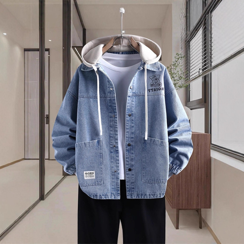 American Trendy Brand Washed Denim Jacket Men's Spring and Autum Trendyy Hooded Youth Loose Casual Jacket Top