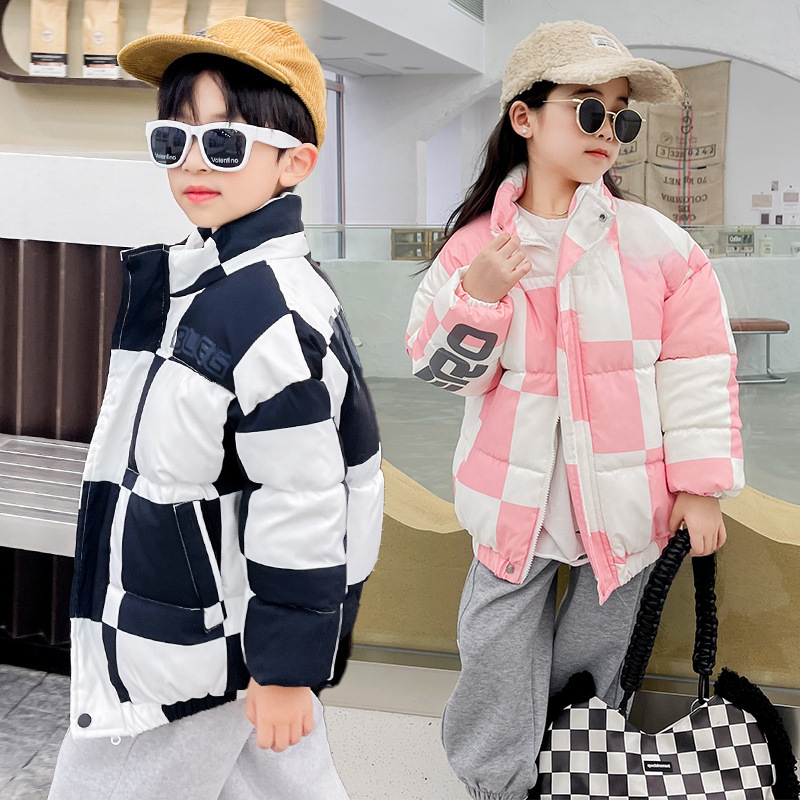 Children's winter down and cotton coats for foreign trade, small and medium-sized children, unisex baby short down jackets, trendy grid-style turtleneck jackets