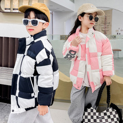 Children's winter down and cotton coats for foreign trade, small and medium-sized children, unisex baby short down jackets, trendy grid-style turtleneck jackets