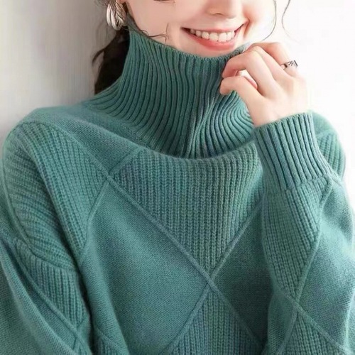 Fall/Winter Women's Turtleneck Pullover Sweater with Diamond Pattern | Versatile Solid-Color, Loose-Fit, Cozy Base Layer Top