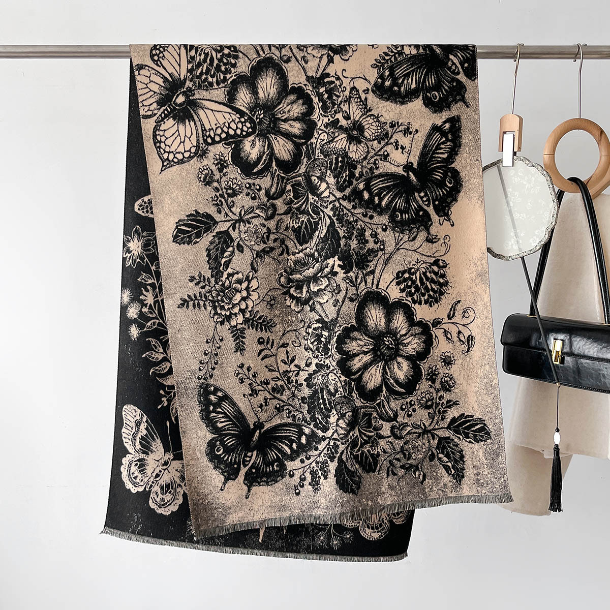 Art retro peonía estilo de mariposa impresión de nuevo estilo de imitación de cashmere doble cara chal elegante bufandas cálidas versátiles