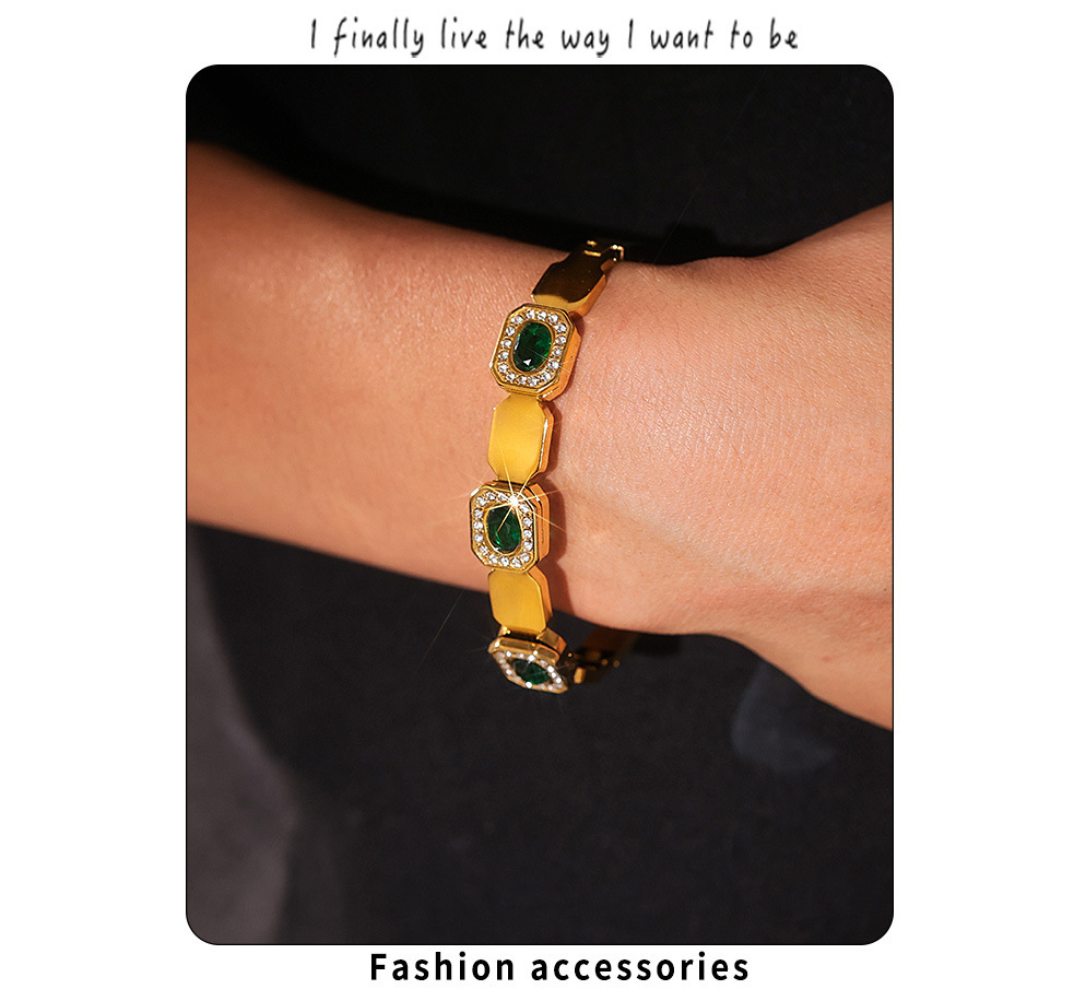 Titanium Steel Green Diamond Buckle Bracelet For Women Elegant_voghion.com