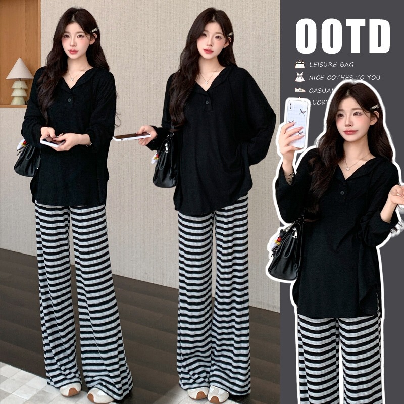 Maternity outfit: black hooded mid-length top that covers the hips, new autumn style sweatshirt, loose-fitting long-sleeved T-shirt for plus-size women Maternity outfit: black hooded mid-length top that covers the hips, new autumn style sweatshirt, loose-fitting long-sleeved T-shirt for plus-size women