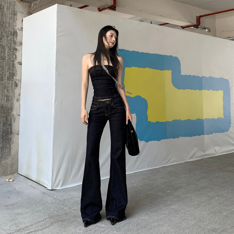 Thirteen Lines Yunheyu [Denim Suit] Anti-Fading Stretch Denim Tube Top Low Waist Bootcut Jeans for Women