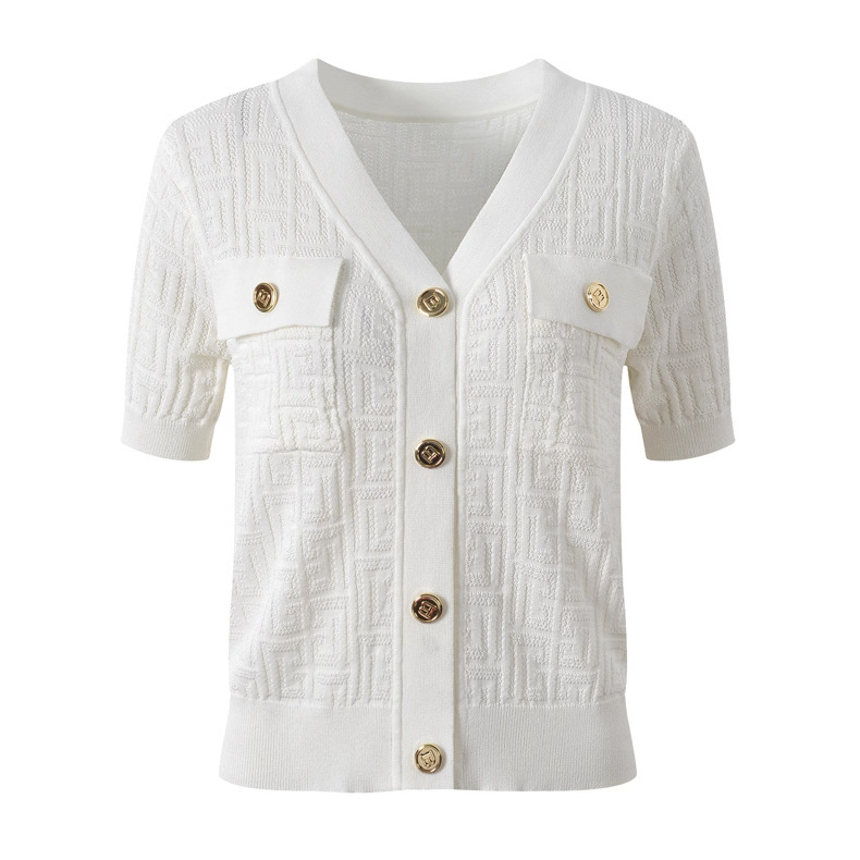 2026 Spring New Style Chanel-Inspired V-Neck Short-Sleeve Metal Button Jacquard Short Tencel Knit Top for Women
