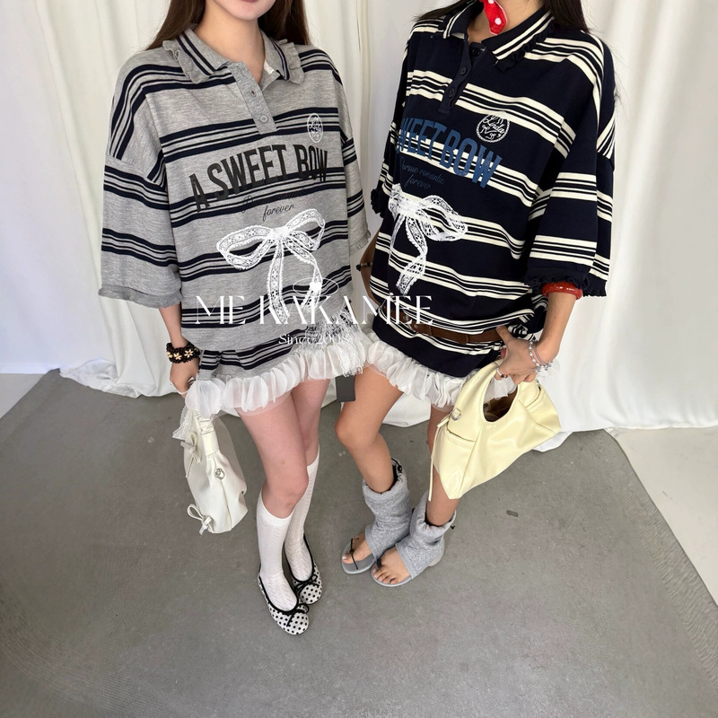 KAKAMEE Spring/Summer Korean Style Bowknot Print Polo Collar Lace Splicing Striped Loose Short Sleeve T-Shirt for Women KAKAMEE Spring/Summer Korean Style Bowknot Print Polo Collar Lace Splicing Striped Loose Short Sleeve T-Shirt for Women