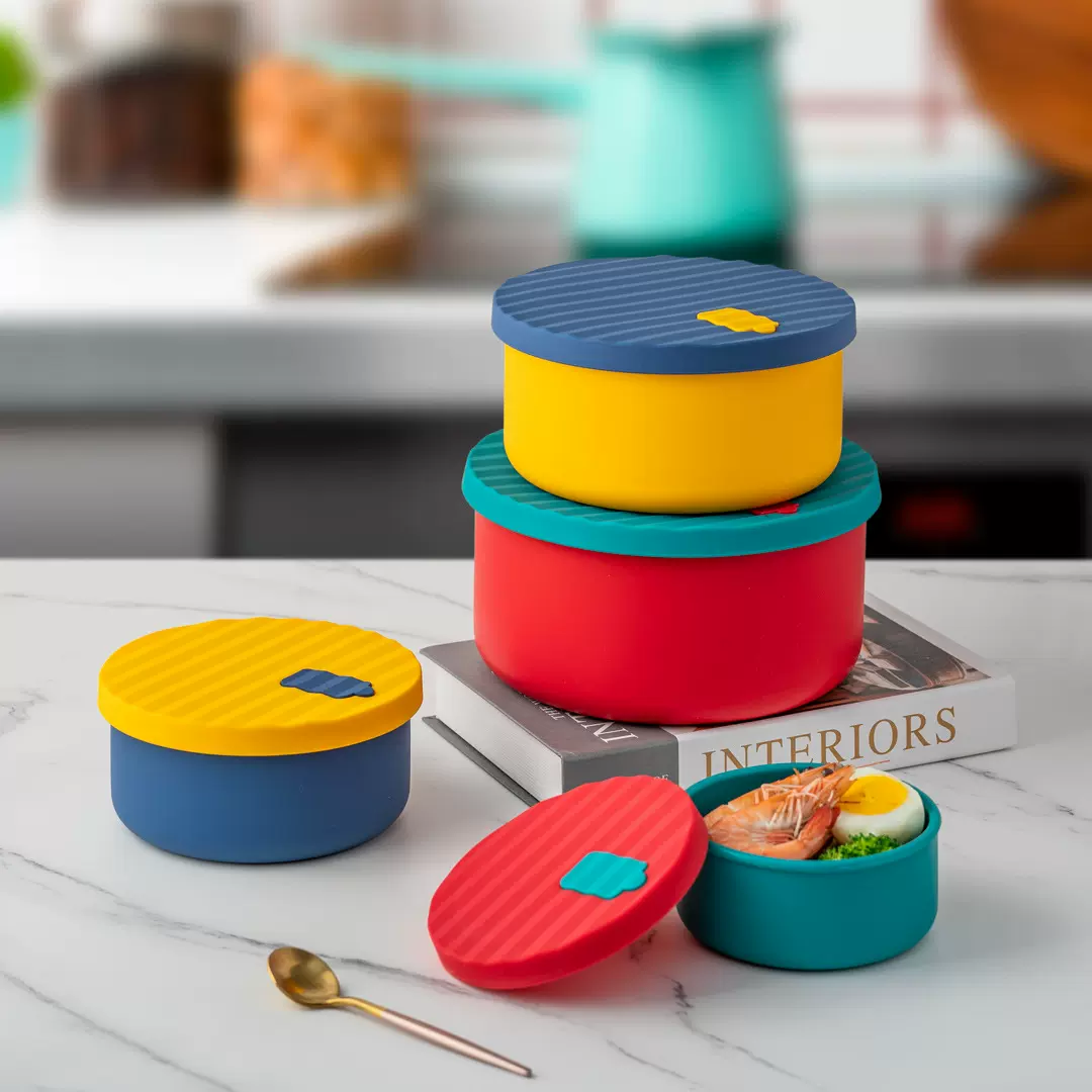 新款波浪纹设计硅胶4件套便当饭盒午餐保鲜盒食品级硅胶饭盒