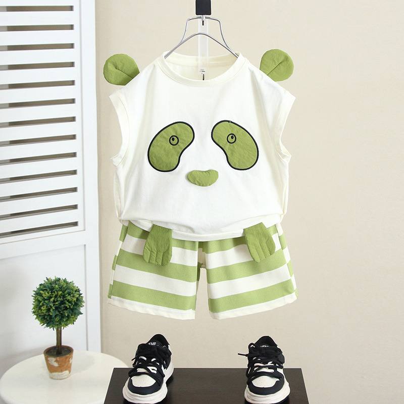 5607 Traje de verano para bebé Vestido de verano para niño Panda delgado sin mangas 2025 Nuevo chaleco de moda de verano para niños