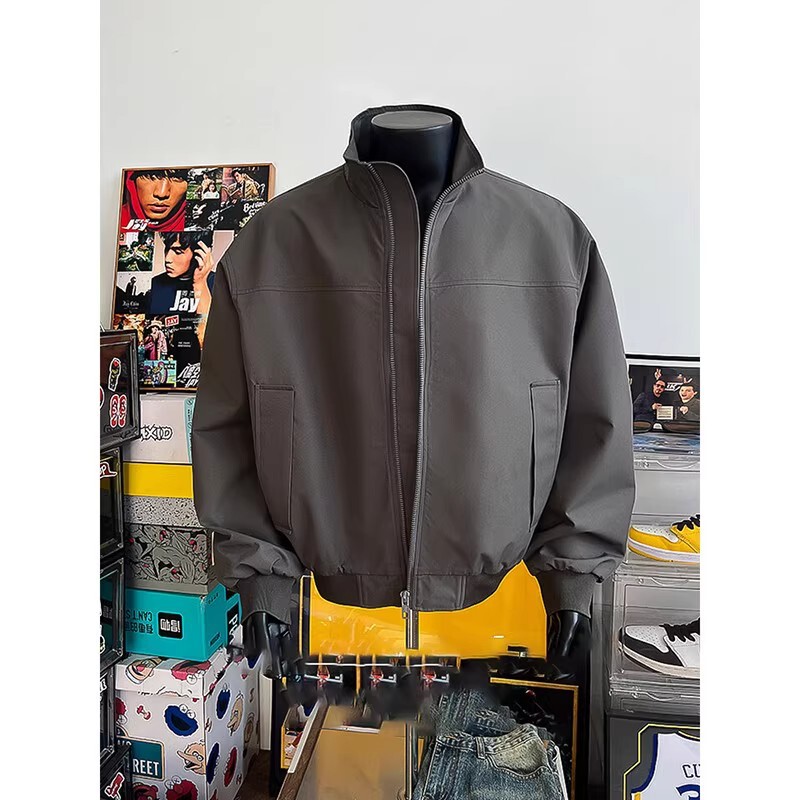 American-Style Gray Three-Proof Soft Shell Men's Autumn Design Stand Collar Coach Jacket Short Baseball Jacket