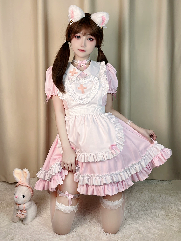 Короткое платье-Lolita набор, японский сливочно-кавайный косплей, фартук и головной убор, размеры S–XL