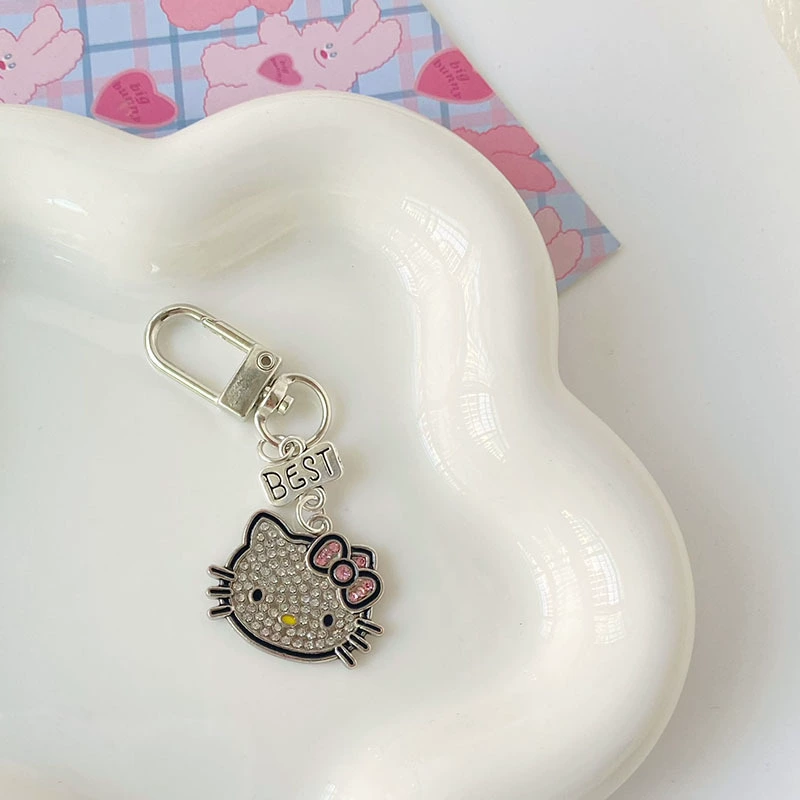 KT Cat Keychain Pendant, Cute Diamond-Mosaic Charm, Silver-Tone, 6×8×2 cm