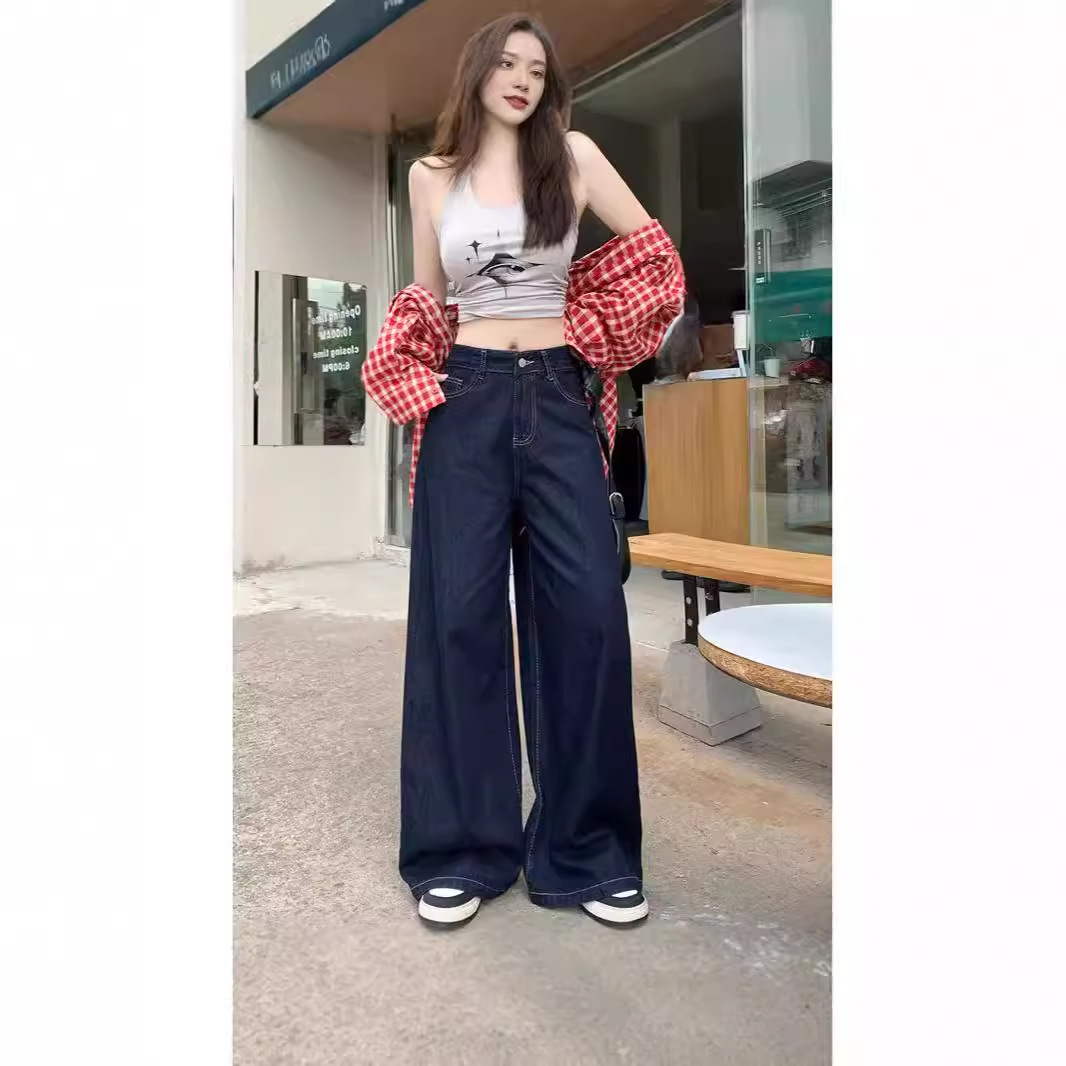 빈티지 다크 블루 넓은 다리 청바지 여성의 이른 가을 새로운 높은 허리 느슨한 투약 스트레이트 튜브 긴 바지